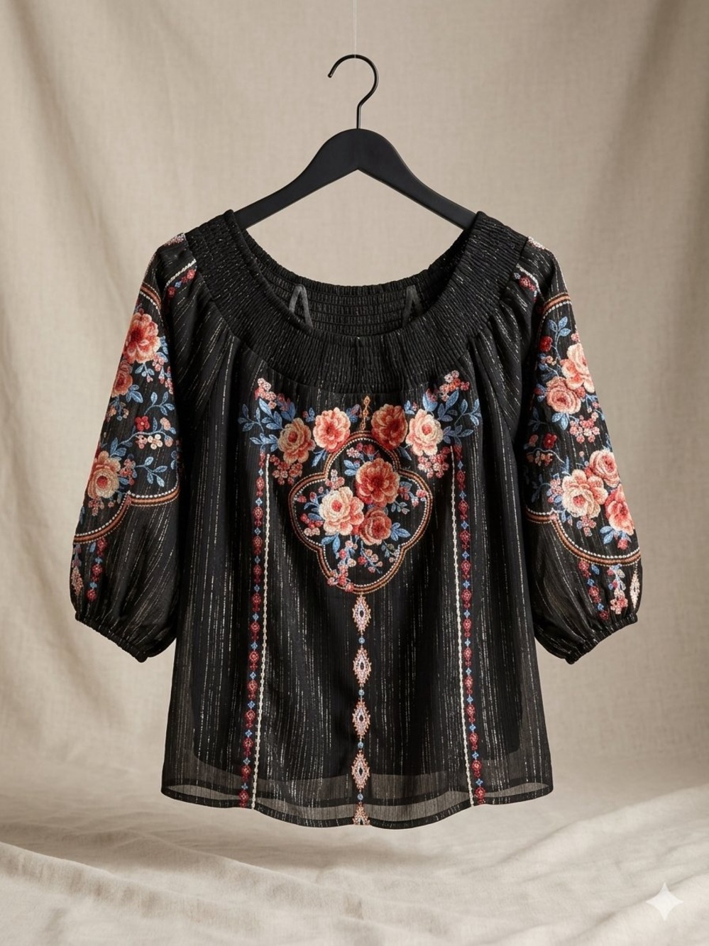 Savanna Jane Black Floral Embroidered Peasant Top/ S / NWT / Ptp-19”